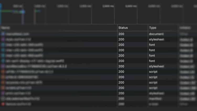 Browser-Netzwerktab mit einer Liste von HTTP-Anfragen, alle mit Statuscode 200.