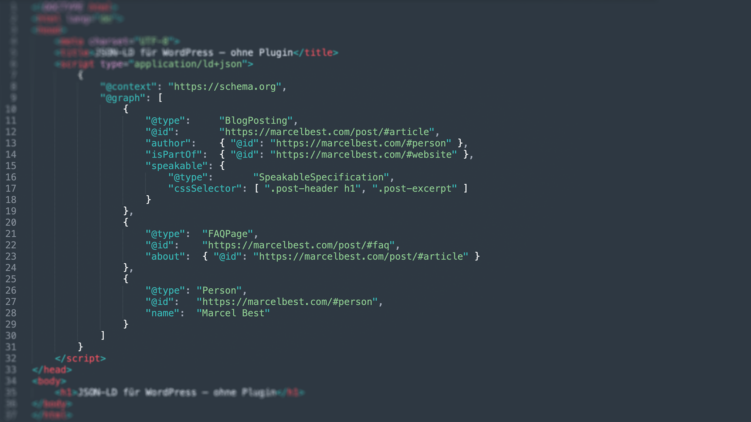 JSON-LD @graph im Head einer WordPress-Seite – mit BlogPosting, FAQPage und Person als vernetzten Knoten.