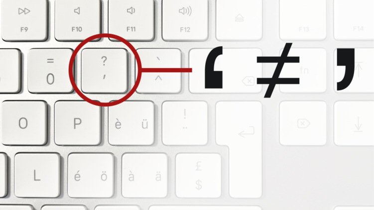 Schweizer Mac-Tastatur mit markierter Taste – daneben gerader Apostroph und typografisch korrekter Apostroph, getrennt durch ≠.