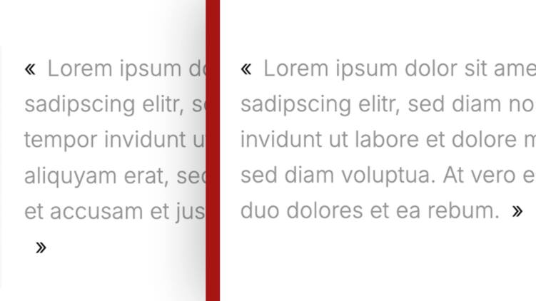 Zwei nebeneinander dargestellte Blockquotes: links das schliessende Anführungszeichen allein in der letzten Zeile, rechts die korrekte Darstellung mit dem Anführungszeichen direkt am letzten Wort. Getrennt durch einen roten vertikalen Strich.