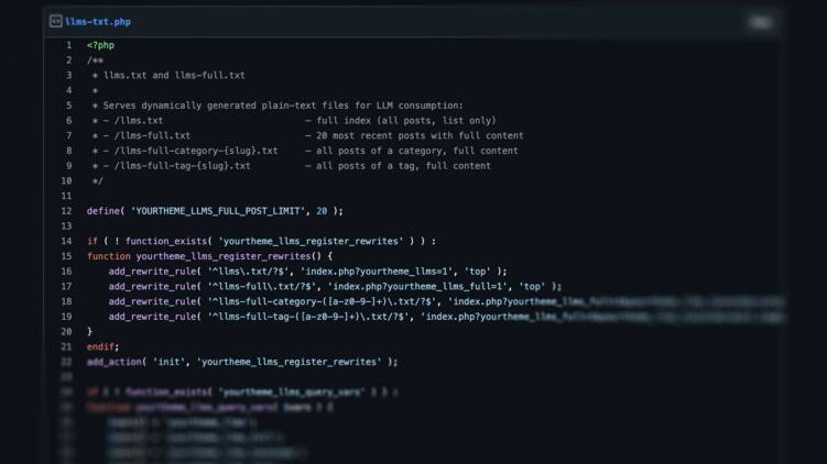 Screenshot des Gists – llms-txt.php mit den Rewrite-Regeln und dem Datei-Header